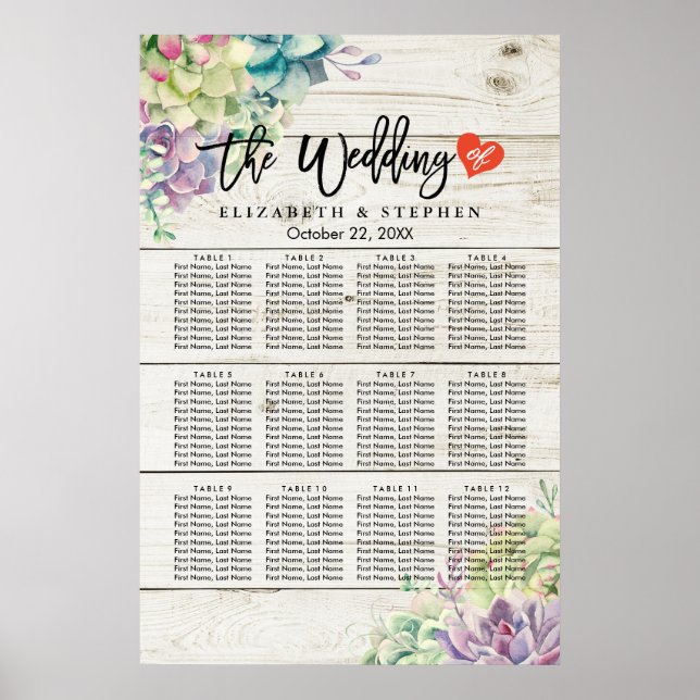 Wedding Seating Chart Succulent Plants Rustic Wood (Front)