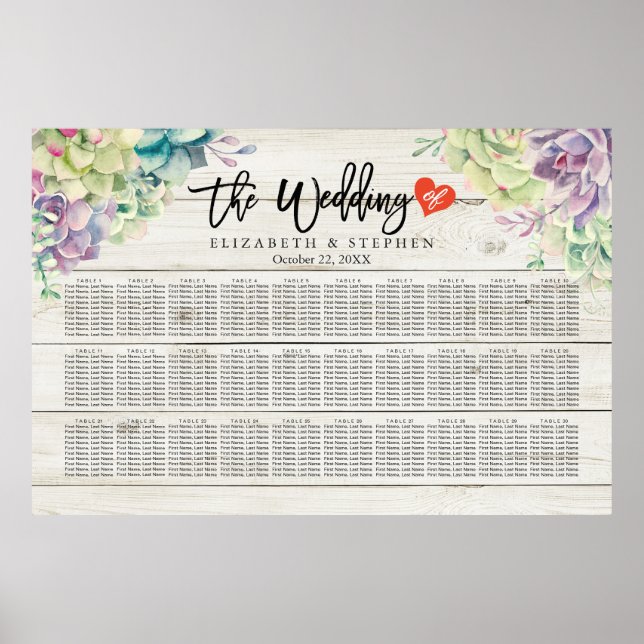 Wedding Seating Chart Succulent Plants Rustic Wood (Front)