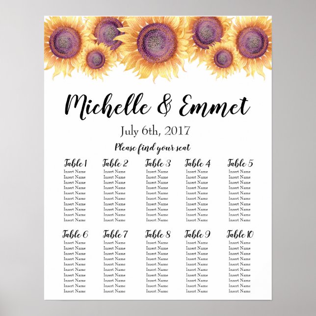 Wedding Seating chart, Sunflower Seating chart (Front)