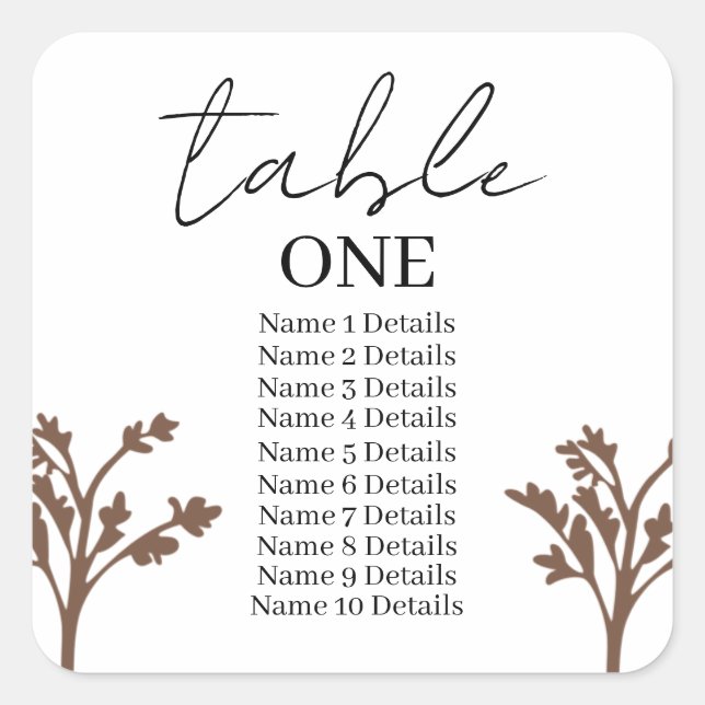 Wedding Seating Chart Table Number Add Guest Names Square Sticker (Front)