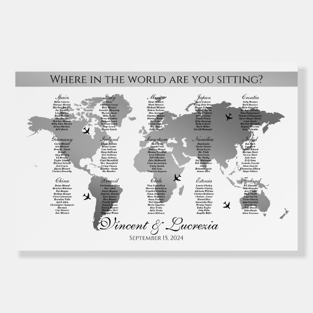 Wedding seating chart travel theme world map foam board (Front)