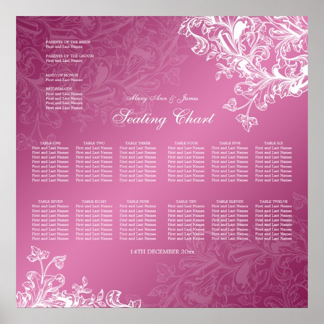 Wedding Seating Chart Vintage Swirls Pink (Front)