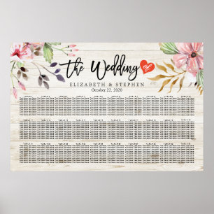 Wedding Seating Chart Watercolor Pink Flowers Wood