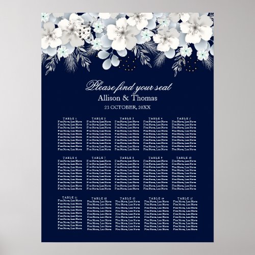 Wedding Seating Chart White flower sakura blue