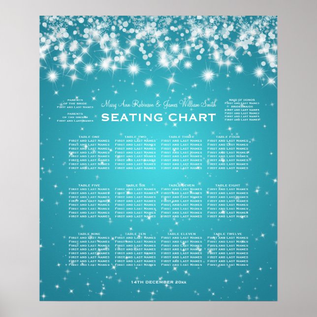 Wedding Seating Chart Winter Sparkle Turquoise (Front)