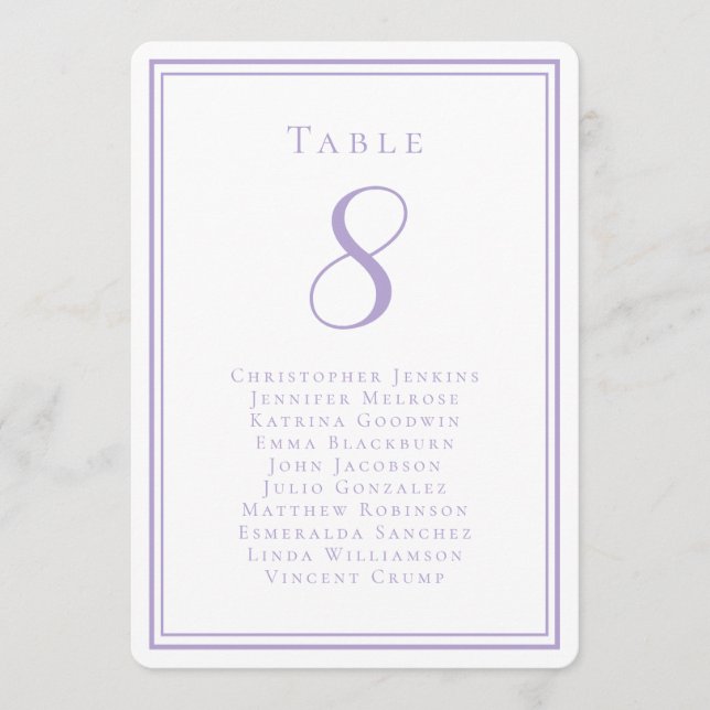 Wedding Seating List Guest Table Number Lavender (Front)