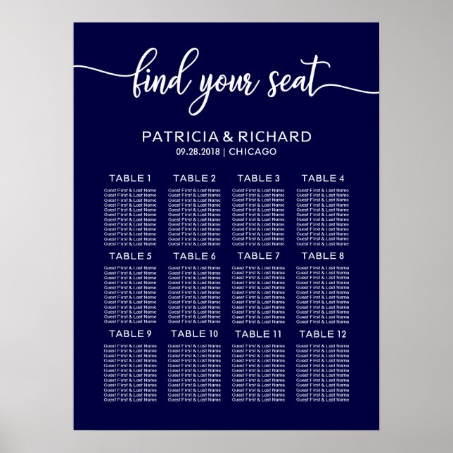Wedding Seating Plan Board Chic Navy Blue Poster (Front)