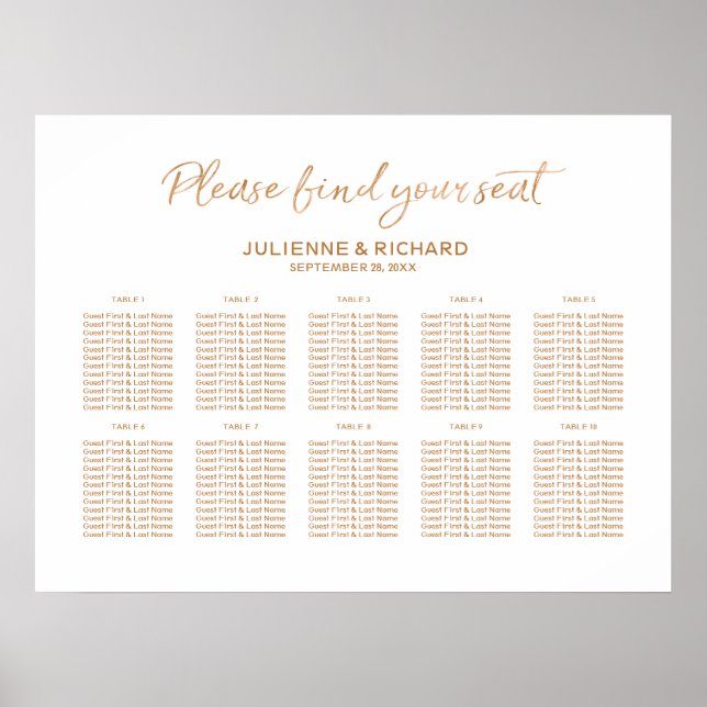Wedding Seating Plan Rose Gold Lettered Sign (Front)