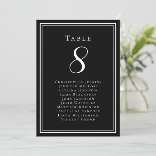 Wedding Seating Table Number Guest Names Black