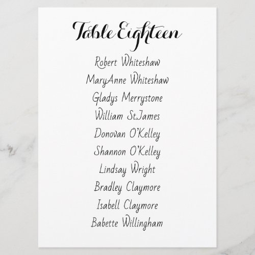 Wedding Seating Table Number Names List Sheet