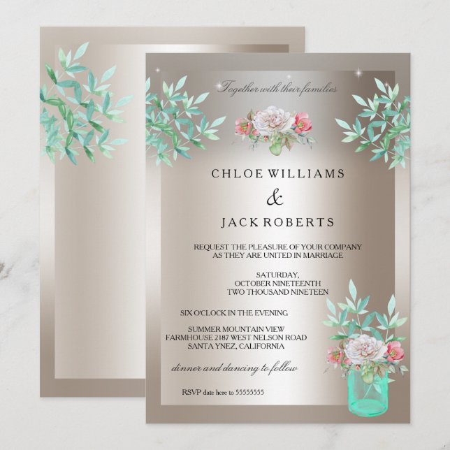 Wedding Sepia Teal Floral Mason Jar Pink Rose Invitation (Front/Back)