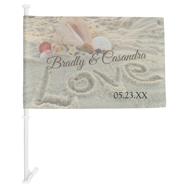 Wedding Shell on the beach, love in the sand Car Flag (Front)