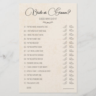Wedding Shoe Game Bride or Groom Rustic Paper
