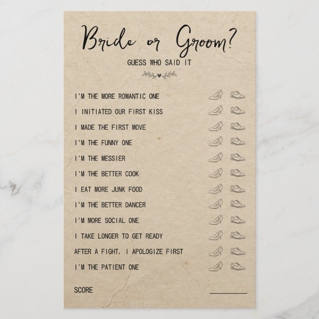 Wedding Shoe Game Bride or Groom Rustic Paper (Front)
