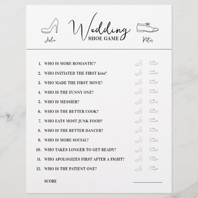 Wedding Shoe Game Questions Paper Black & White (Front)