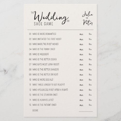 Wedding Shoe Game Questions Paper Rustic