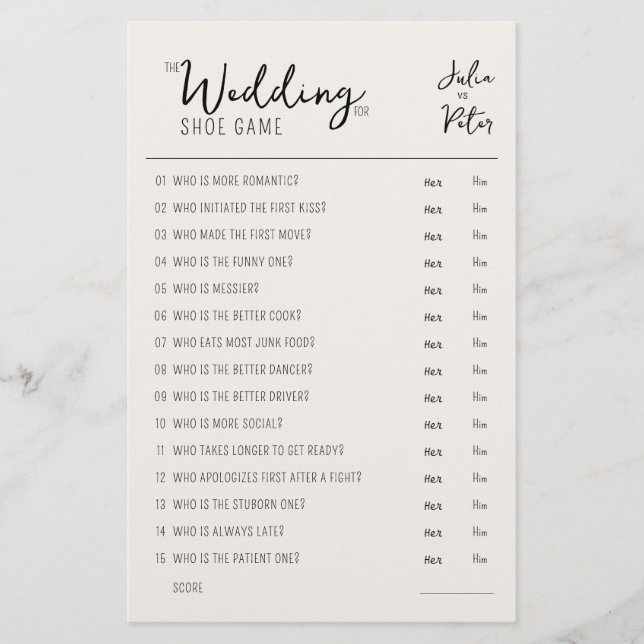 Wedding Shoe Game Questions Paper Rustic (Front)
