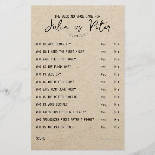 Wedding Shoe Game Questions Paper Rustic Paper (Front)