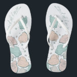 WEDDING SHOES | Modern Seashells Coral teal Flip Flops<br><div class="desc">Cute coral and teal seashell design. Handwritten calligraphy that says maid of honor - perfect for the maid of honor to wear on the beach for her bestie's wedding ceremony. Design created for TheBarefootBride™ by © WhimsicalArtwork™. This is part of a wedding stationery suite collection with matching wedding accessories also...</div>