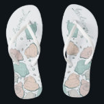 WEDDING SHOES | Modern Seashells Coral Teal Flip Flops<br><div class="desc">Cute coral and teal seashell design. Handwritten calligraphy that says bridesmaid- perfect for the bridesmaid to wear on the beach for a beach wedding ceremony. Design created for TheBarefootBride™ by © WhimsicalArtwork™. This is part of a wedding stationery suite collection with matching wedding accessories also baby shower and other occasion...</div>
