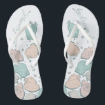 WEDDING SHOES | Modern Seashells Coral Teal Flip Flops<br><div class="desc">Cute coral and teal seashell design. Handwritten calligraphy that says bridesmaid- perfect for the bridesmaid to wear on the beach for a beach wedding ceremony. Design created for TheBarefootBride™ by © WhimsicalArtwork™. This is part of a wedding stationery suite collection with matching wedding accessories also baby shower and other occasion...</div>