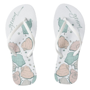 WEDDING SHOES   Modern Seashells Coral Teal Flip Flops