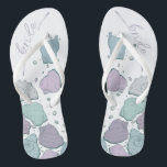 WEDDING SHOES | Modern Seashells Dusty Blue Lilac Flip Flops<br><div class="desc">A fun dusty blue and plum lilac seashell design. Handwritten calligraphy that says Bride - perfect for the bride to wear on the beach for her beach wedding ceremony. Design created for TheBarefootBride™ by © WhimsicalArtwork™. This is part of a wedding stationery suite collection with matching wedding accessories also baby...</div>