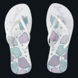 WEDDING SHOES | Modern Seashells Lilac Dusty Blue Flip Flops<br><div class="desc">Cute dusty blue and plum lilac seashell design. Handwritten calligraphy that says bridesmaid- perfect for the bridesmaid to wear on the beach for a beach wedding ceremony. Design created for TheBarefootBride™ by © WhimsicalArtwork™. This is part of a wedding stationery suite collection with matching wedding accessories also baby shower and...</div>