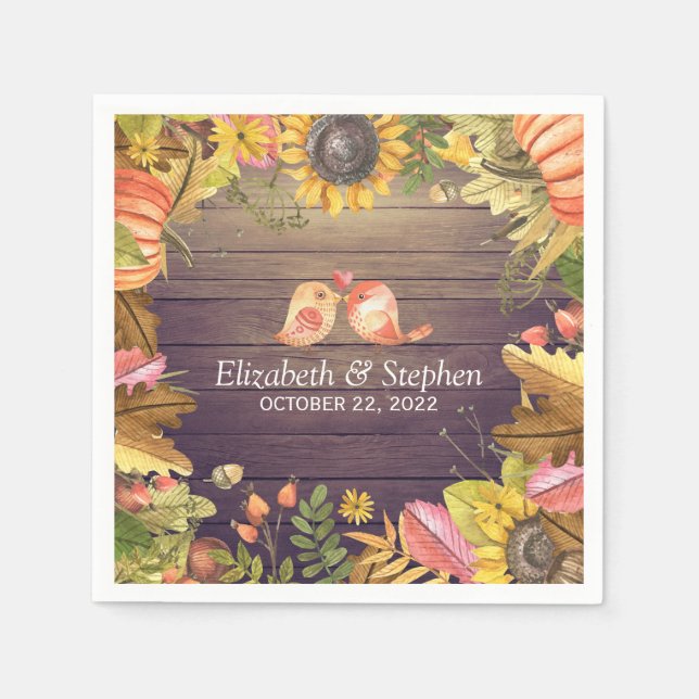 Wedding Shower Autumn Maple Leaves Pumpkins Wood Napkins (Front)