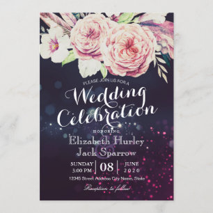 Wedding Shower Boho Floral Feather & Purple Lights Invitation