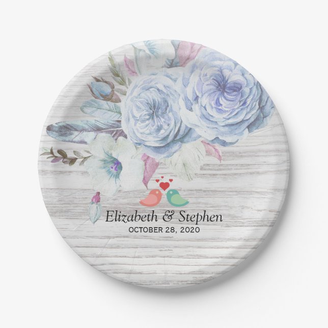 Wedding Shower Boho Flowers & Feathers Rustic Wood Paper Plates (Front)