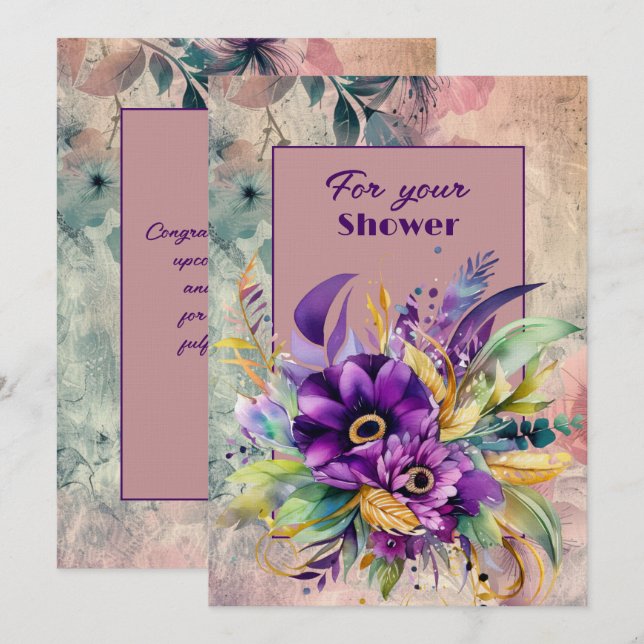 Wedding Shower Bouquet of Purple Flowers Note Card (Front/Back)