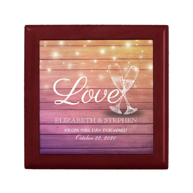 Wedding Shower Champagne Glasses Wood String Light Gift Box (Front)