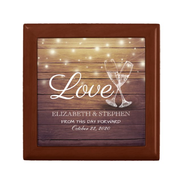 Wedding Shower Champagne Glasses Wood String Light Gift Box (Front)
