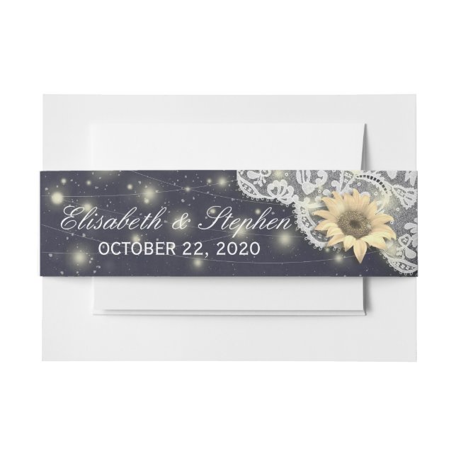 Wedding Shower Chic Lace Sunflowers String Lights Invitation Belly Band (Front Example)