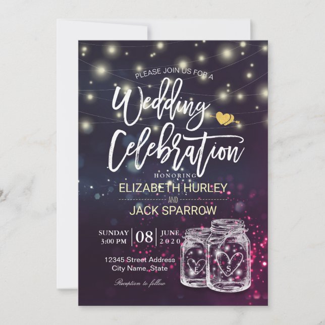Wedding Shower Chic Mason Jar Purple String Lights Invitation (Front)