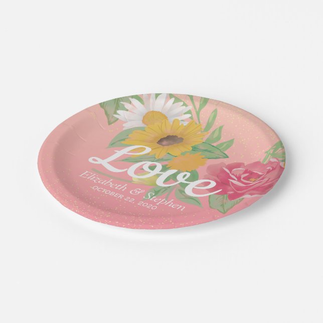 Wedding Shower Chic Rose Flowers Pink Gold Glitter Paper Plates (Angled)