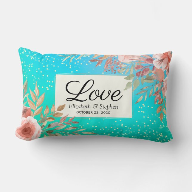 Wedding Shower Elegant Pink Floral Teal Gold Dots Lumbar Pillow (Front)