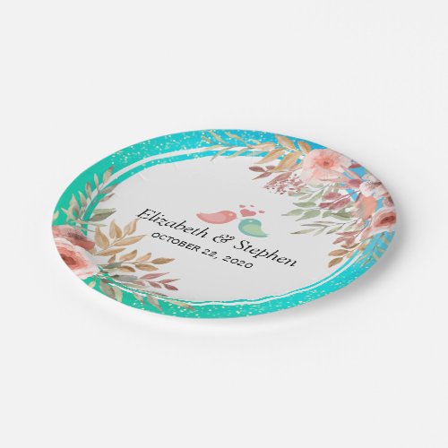 Wedding Shower Elegant Pink Floral Teal Gold Dots Paper Plates