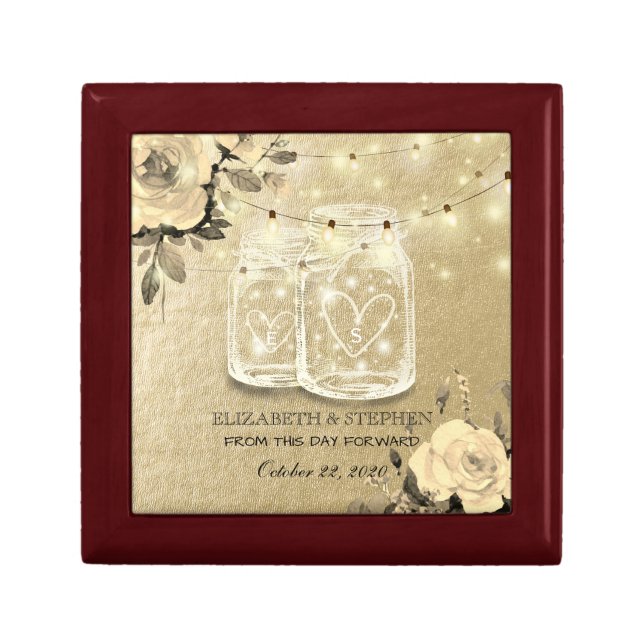 Wedding Shower Floral Mason Jar String Lights Gold Keepsake Box (Front)