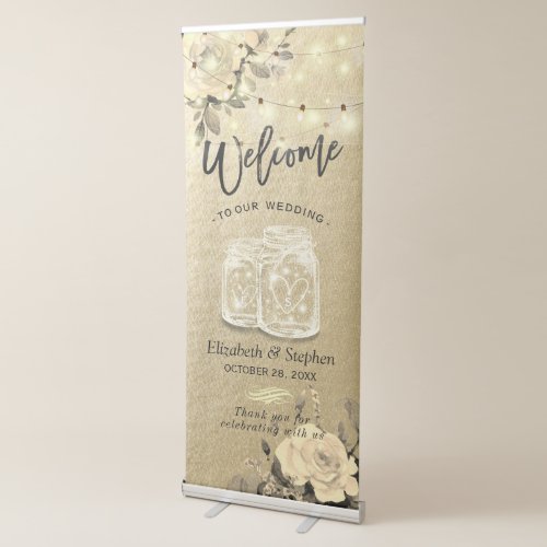 Wedding Shower Floral Mason Jar String Lights Gold Retractable Banner