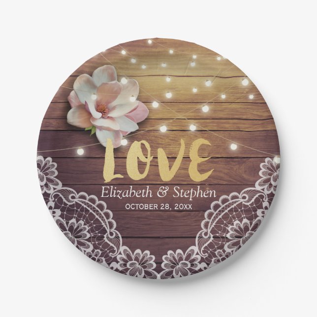 Wedding Shower Floral String Lights Wood Lace Deco Paper Plates (Front)