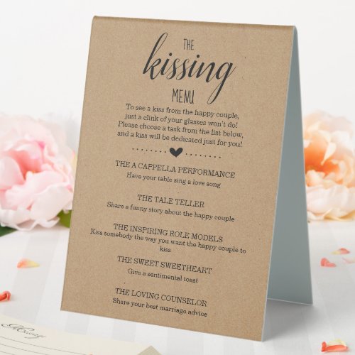 Wedding Shower Game The Kissing Menu Table Tent Sign