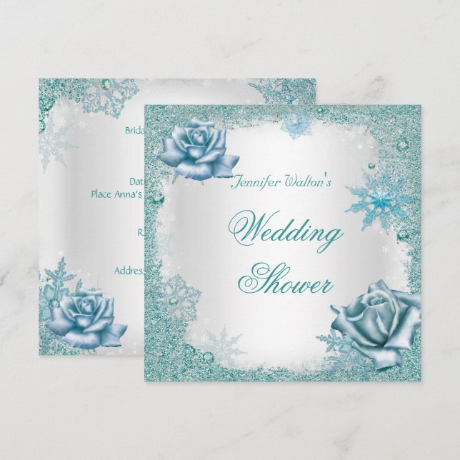 Wedding Shower Glitter Teal Blue White Roses Invitation (Front/Back)
