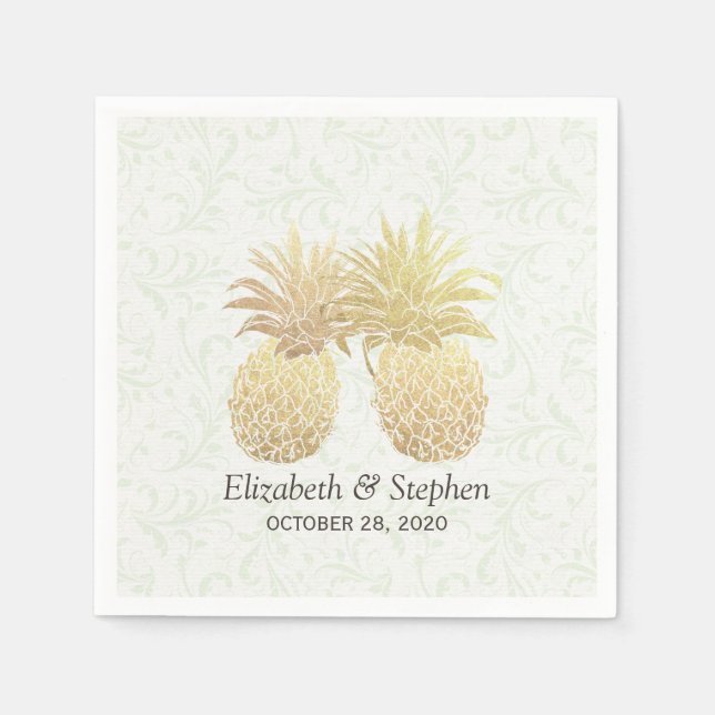 Wedding Shower Gold Foil Pineapples Damask Paper Napkins (Front)