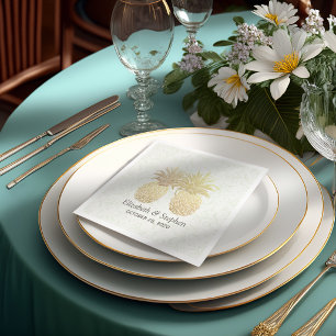 Wedding Shower Gold Foil Pineapples Damask Paper Napkins