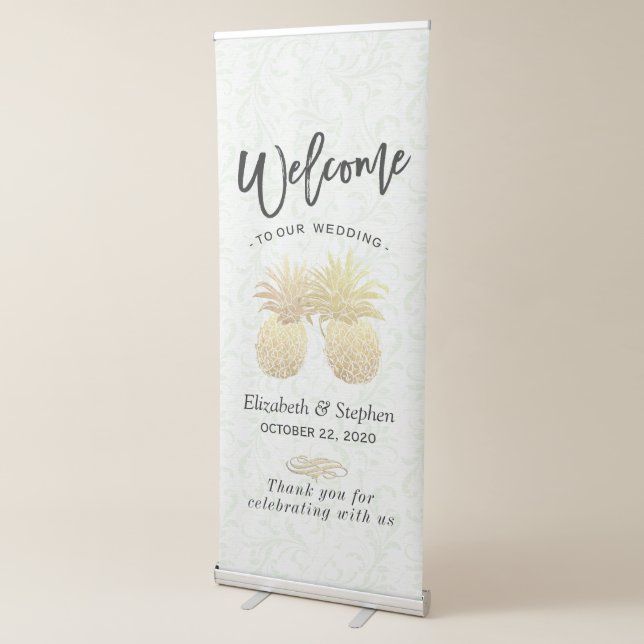 Wedding Shower Gold Foil Pineapples Damask Paper Retractable Banner (3/4)