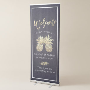 Wedding Shower Gold Pineapple Couple Navy Blue Retractable Banner