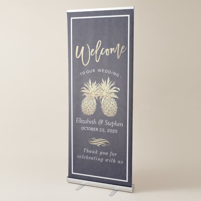 Wedding Shower Gold Pineapple Couple Navy Blue Retractable Banner (3/4)