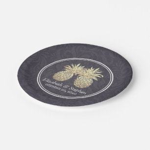 Wedding Shower Golden Pineapple Couple Navy Blue Paper Plates